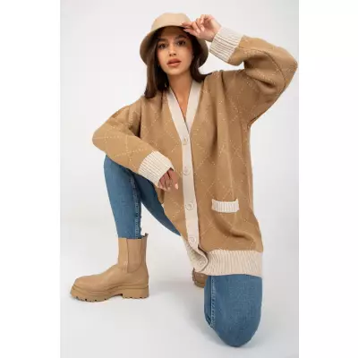 Sweter Kardigan Model LC-SW-0258.03P Camel - Rue Paris