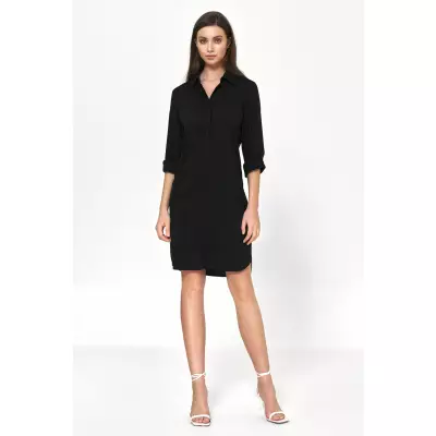 Sukienka Czarna sukienka oversize z podwijanym rękawem S226 Black - Nife