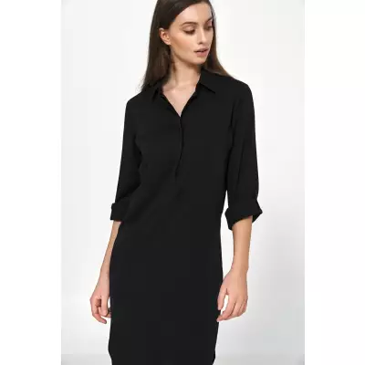 Sukienka Czarna sukienka oversize z podwijanym rękawem S226 Black - Nife