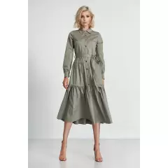 Sukienka Bawełniana rozkloszowana sukienka z falbanami i kołnierzykiem 2097 Olive - Marselini