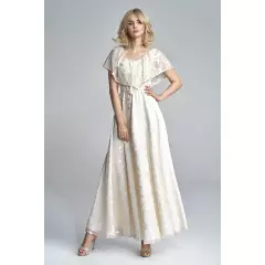 Sukienka maxi z falbaną w delikatny wzór 1874 Beige - Marselini