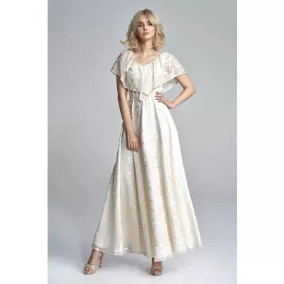 Sukienka maxi z falbaną w delikatny wzór 1874 Beige - Marselini