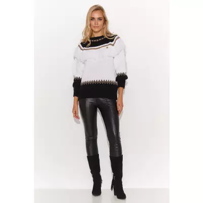 Sweter Damski Model S141 White/Black/Cappuccino - Makadamia