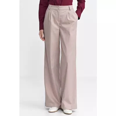 Spodnie z zakładkami wide leg prążek SD105 Beige - Nife