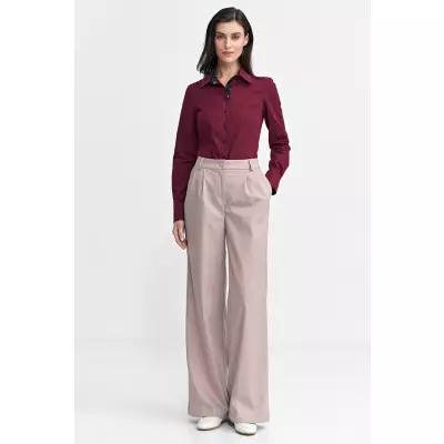 Spodnie z zakładkami wide leg prążek SD105 Beige - Nife